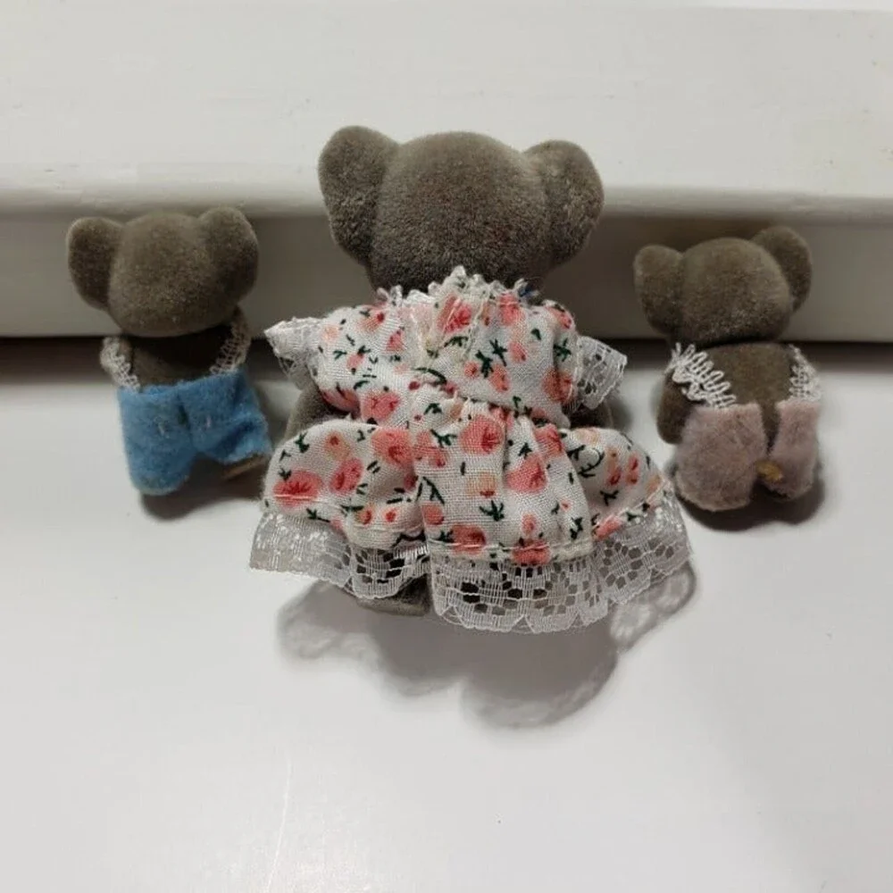 Vintage Flocked Koala Bear Family Lot 3 Mini Miniatures Dollhouse Figures Move